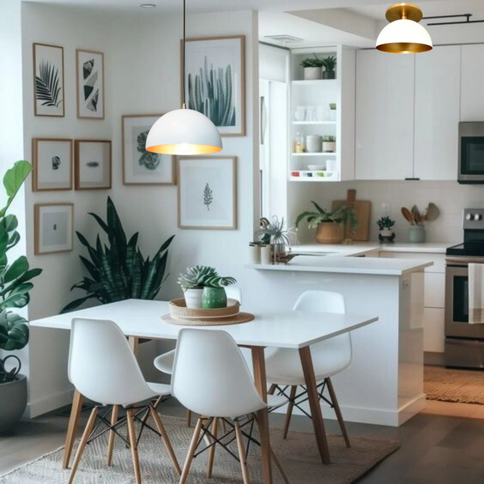 Matte White & Gold Pendant and Semi-Flush Mount Lighting Bundle with Vintage Edison LED Bulbs