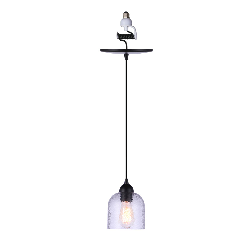 PBN-4400-6200 - Worth Home Products Instant Pendant Light - Matte Black Clear Hammered Glass - Can Light to Pendant Light Conversion Kit for Kitchen Island, Dining Room, Living Room, Home Office