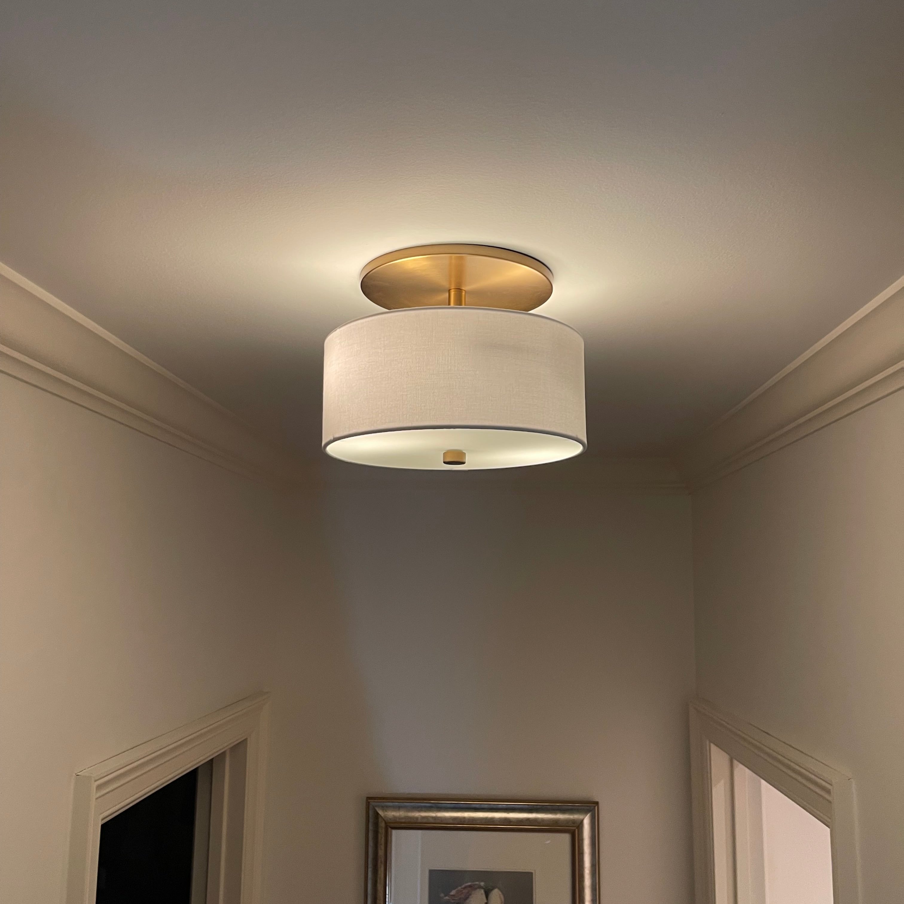 NEW -Satin Brass w/ White Linen Shade Instant Semi Flush 6" Recessed Conversion Kit