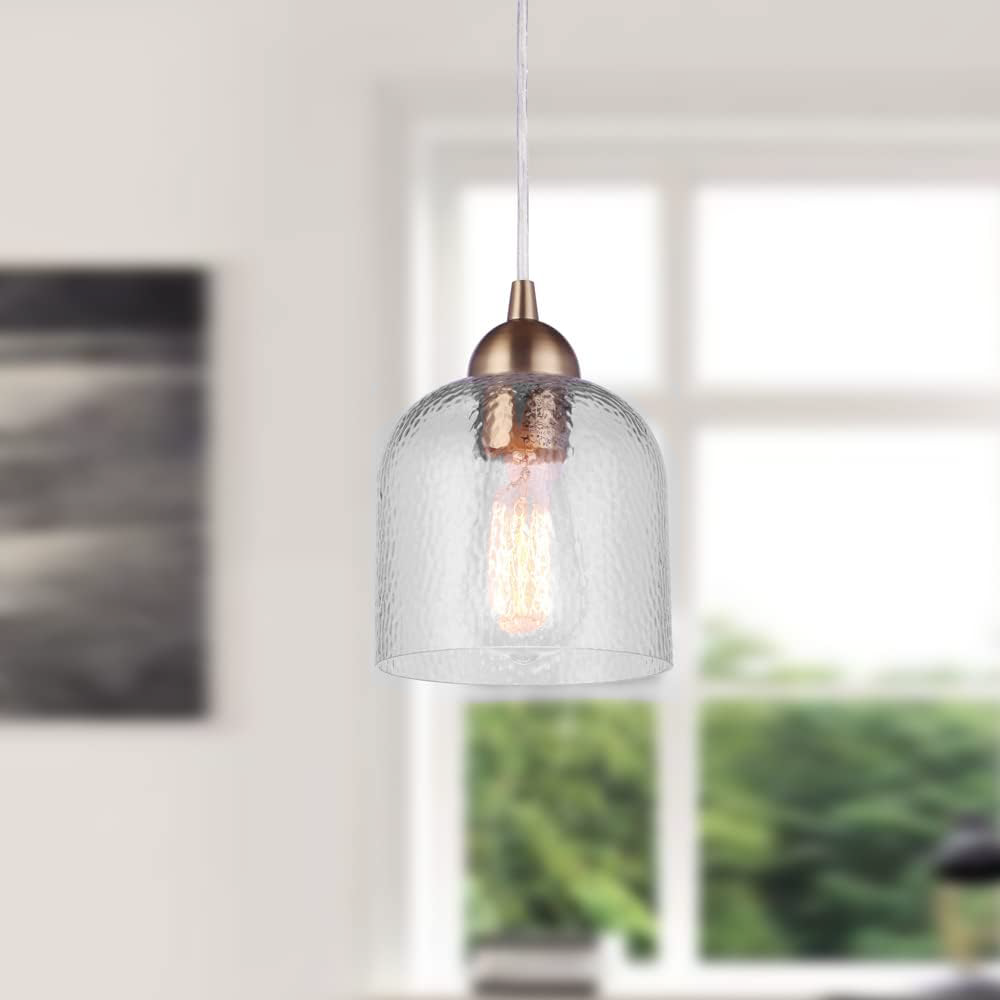 Satin Brass Hammered Glass Instant Pendant Light Recessed Can Conversion Kit