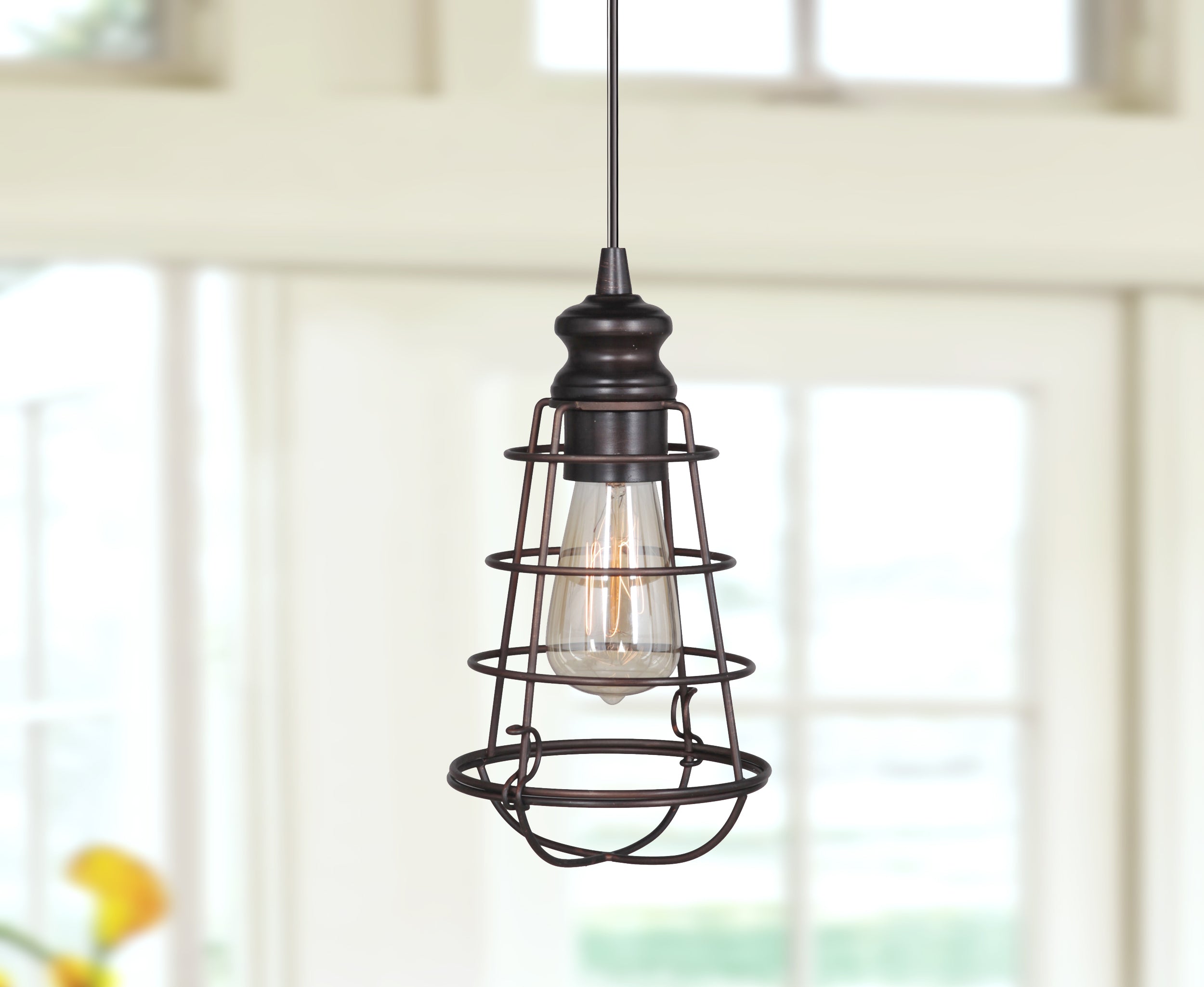 Instant Pendant Light with Small Bronze Cage Shade-PKN-6257-0011 - Worth Home ProductsPBN-6257-0011 - Worth Home Products - Small Farmhouse Bronze Cage Instant Pendant Recessed Can Light - Lifestyle