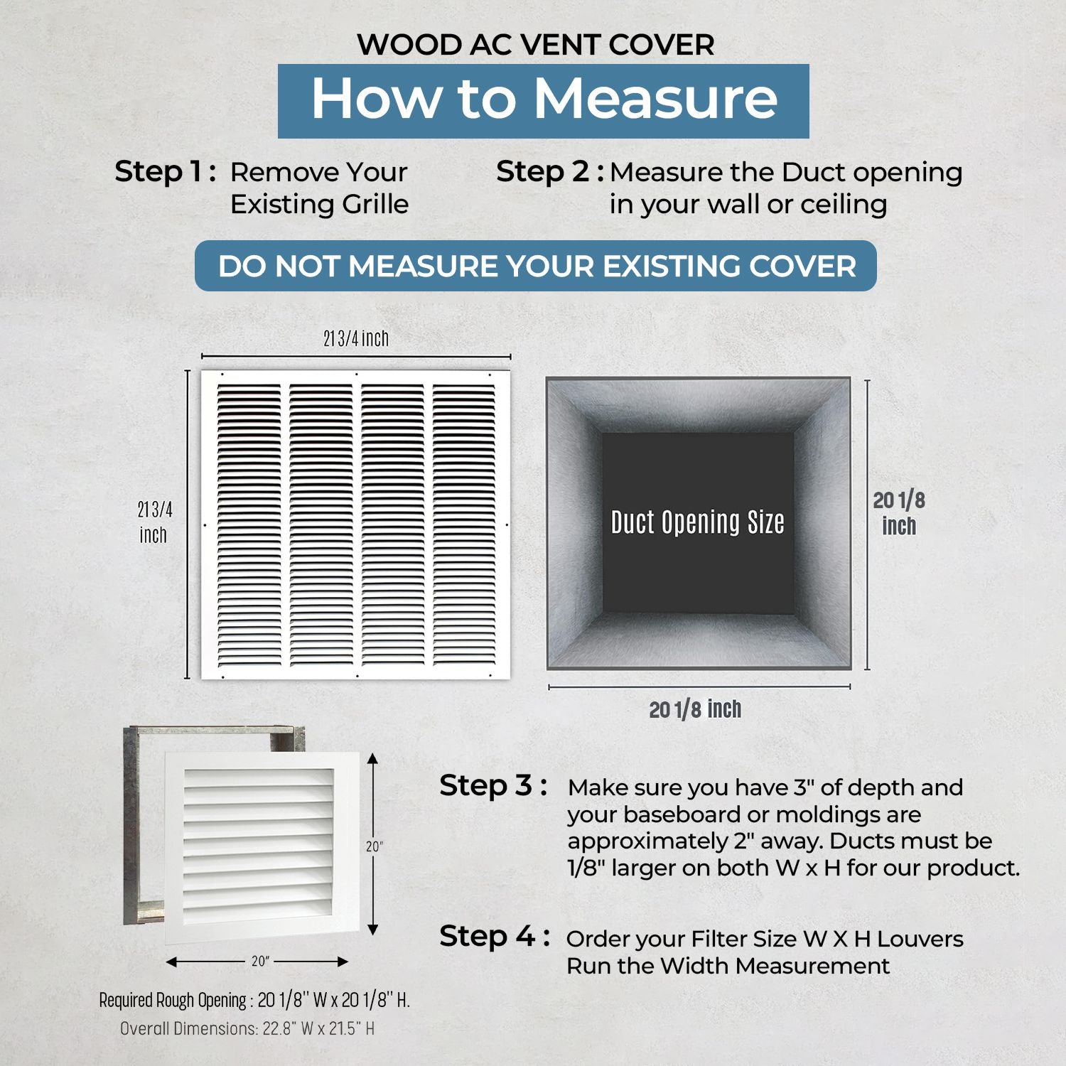 Luxury A/C Cold Air Return In-take Vent Covers - Primed, Solid Wood (Holds 1" Filters)