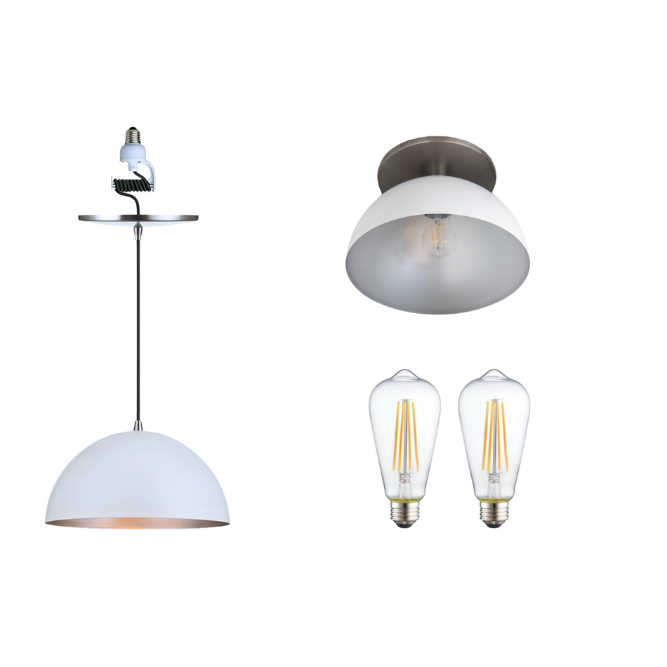 Matte White & Silver Dome Pendant and Semi-Flush Mount Lighting Bundle with Vintage Edison LED Bulbs